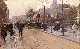 Luigi Loir Canvas Paintings - A Parisian Street Scene with Sacre Coeur in the distance